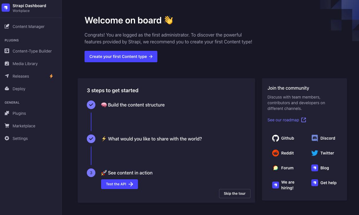 Onboarding dashboard of Strapi